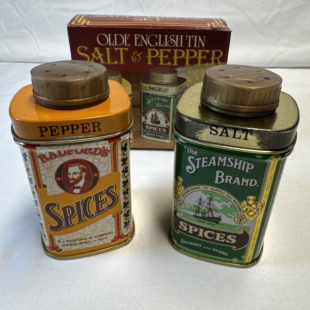 New Olde English Tin Salt & Pepper Shakers Steamship Radford's with Box Vintage